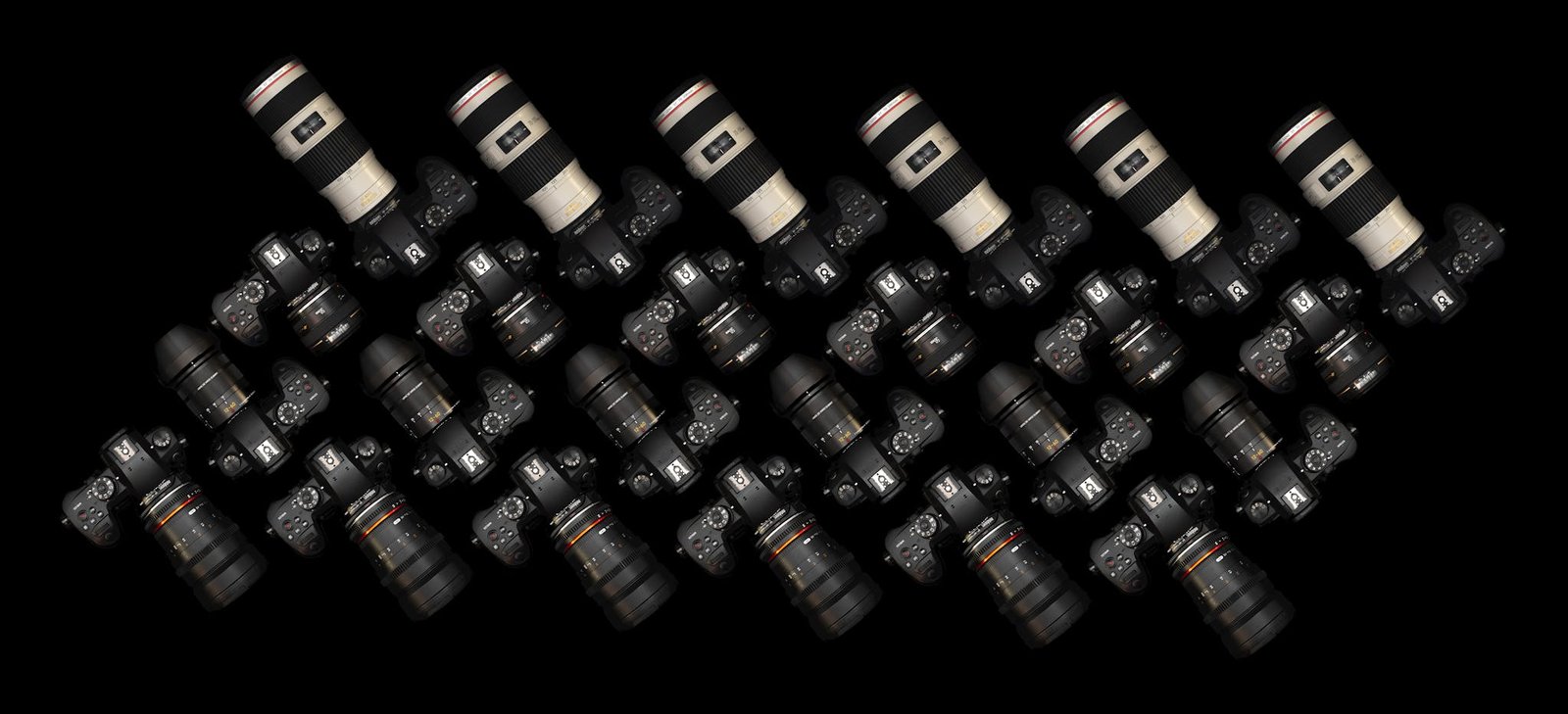 Top view of multiple DSLR cameras with lenses on a black surface. Perfect for tech and photography themes.